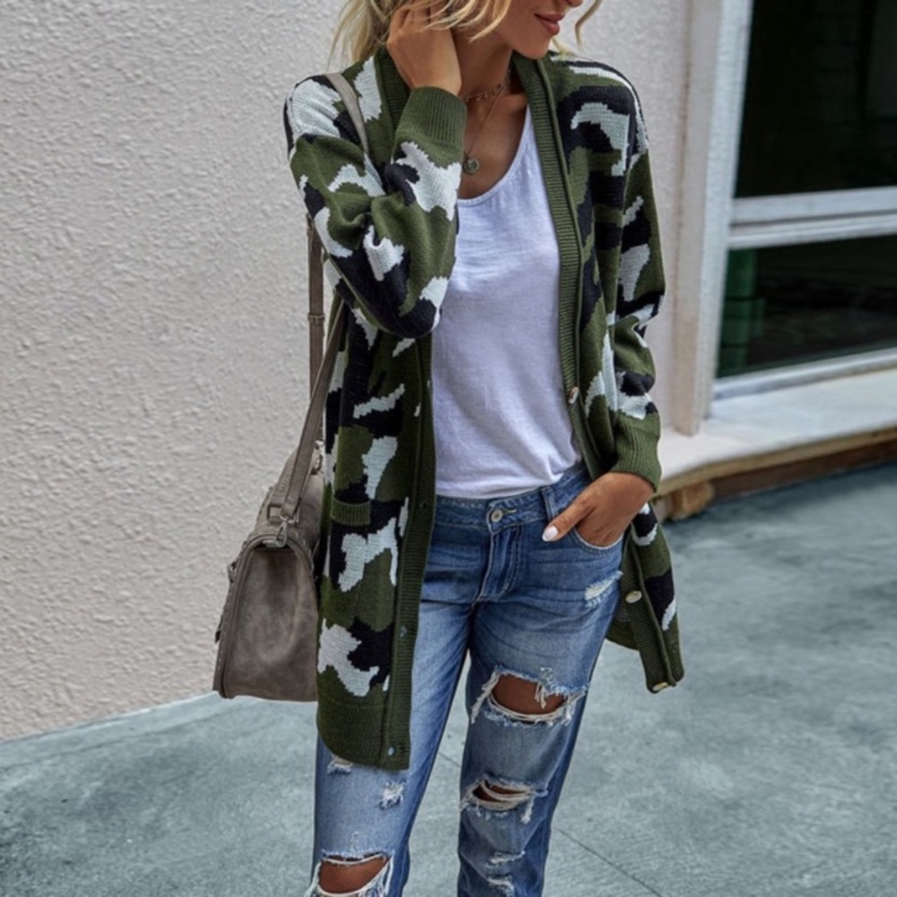 SOLD OUT CLEARANCE Olive Camouflage Button Front Knit Cardigan - Picture 1 of 8